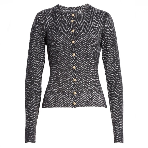 Dolce & Gabbana Current Season DG Logo Button Herringbone Print Wool Cardigan - Picture 3 of 13